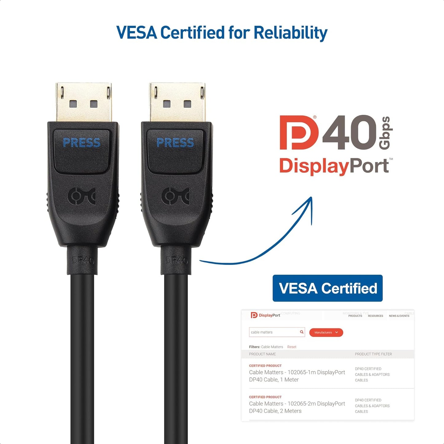 CM VESA Certified DisplayPort 2.1 Cable, 2m/6.6ft, DP40 rated