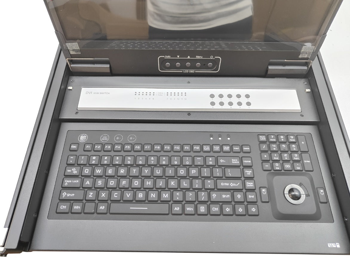 1U 17.3 inch Rackmount Rugged LCD Console Drawer w/ Integrated DVI-D KVM Switch - 12 Port