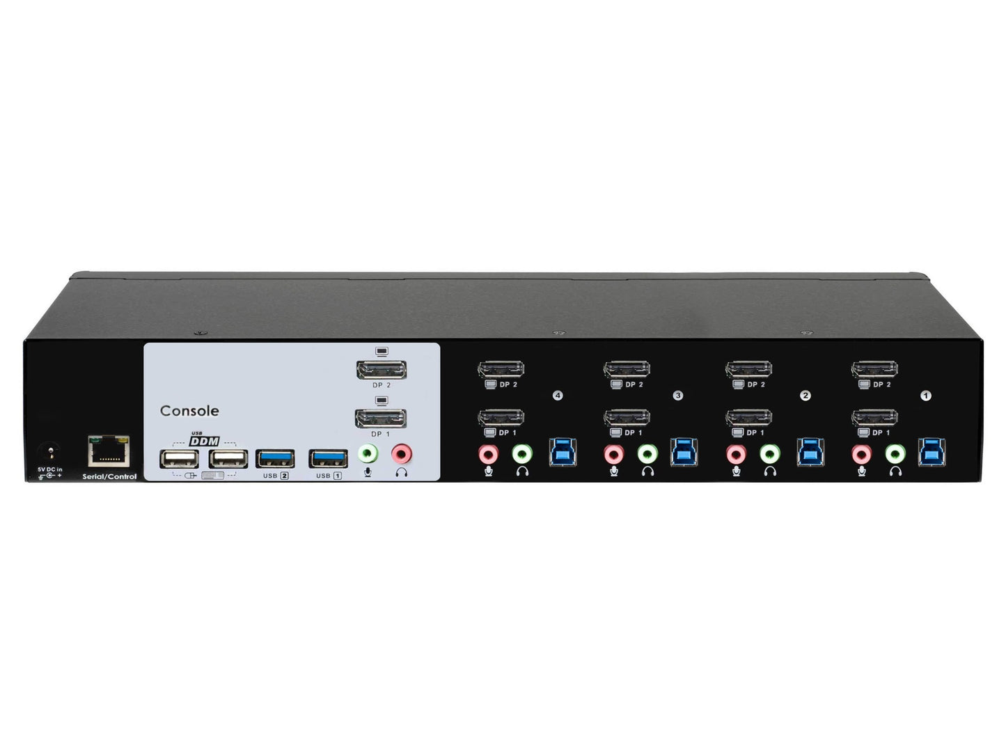 ConnectPRO UDP2-14AP KVM DisplayPort 1.4 switch for 4 computers and 2 monitors, rear view.