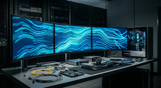 A professional IT workstation environment with multiple 4K monitors and precisely organized hardware components illuminated by dramatic studio lighting in cool blue tones.