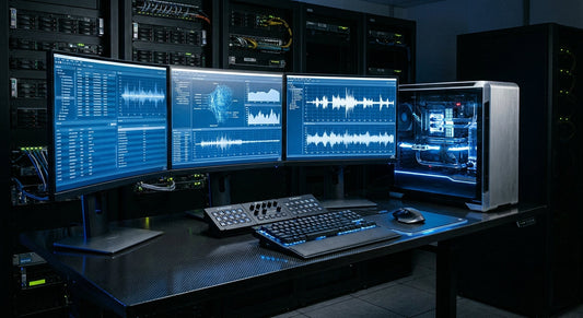 A professional enterprise workstation with multiple 4K monitors and precision hardware components illuminated by blue LED lighting in a server room environment.