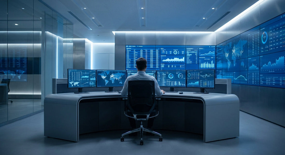 A professional dispatch or trading floor control room workstation surrounded by multiple glowing monitors displaying continuous real-time data streams in cool blue lighting.
