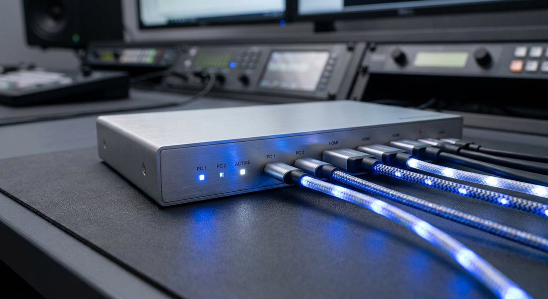 A professional KVM switch with illuminated USB cables connected in a dark, blue-lit workspace, conveying seamless and instant peripheral switching.
