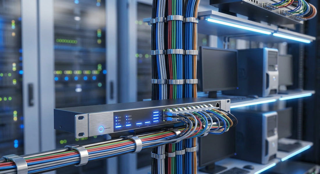A professional KVM switch device connected to multiple workstations in a modern server room with cool blue lighting and organized cable management.