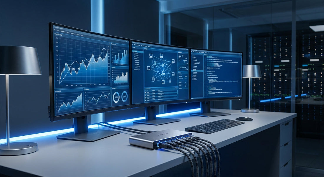 A professional enterprise workstation with multiple high-resolution monitors and a KVM switch connected via DisplayPort cables in a clean, blue-lit IT environment.