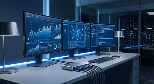 A professional enterprise workstation with multiple high-resolution monitors and a KVM switch connected via DisplayPort cables in a clean, blue-lit IT environment.