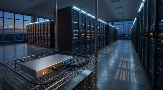 A professional enterprise data center with illuminated server racks and a hardware KVM switch in the foreground, conveying mission-critical IT infrastructure.