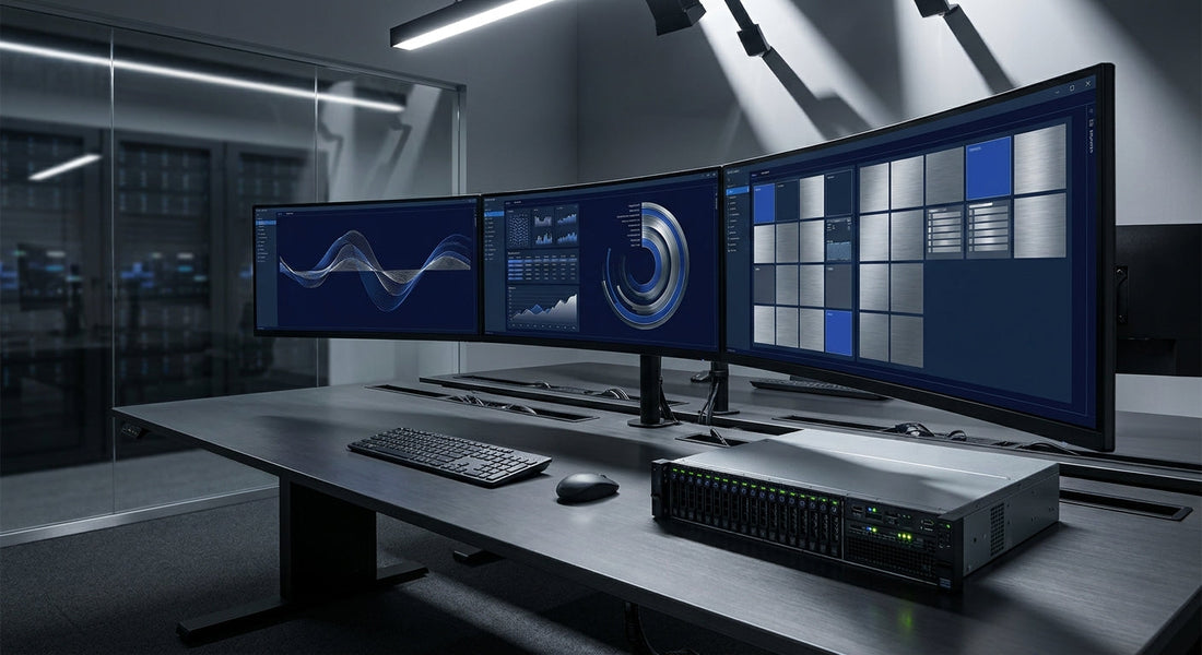 A professional enterprise workstation with three large monitors arranged in an arc, illuminated by dramatic studio lighting in a sleek, modern IT environment.