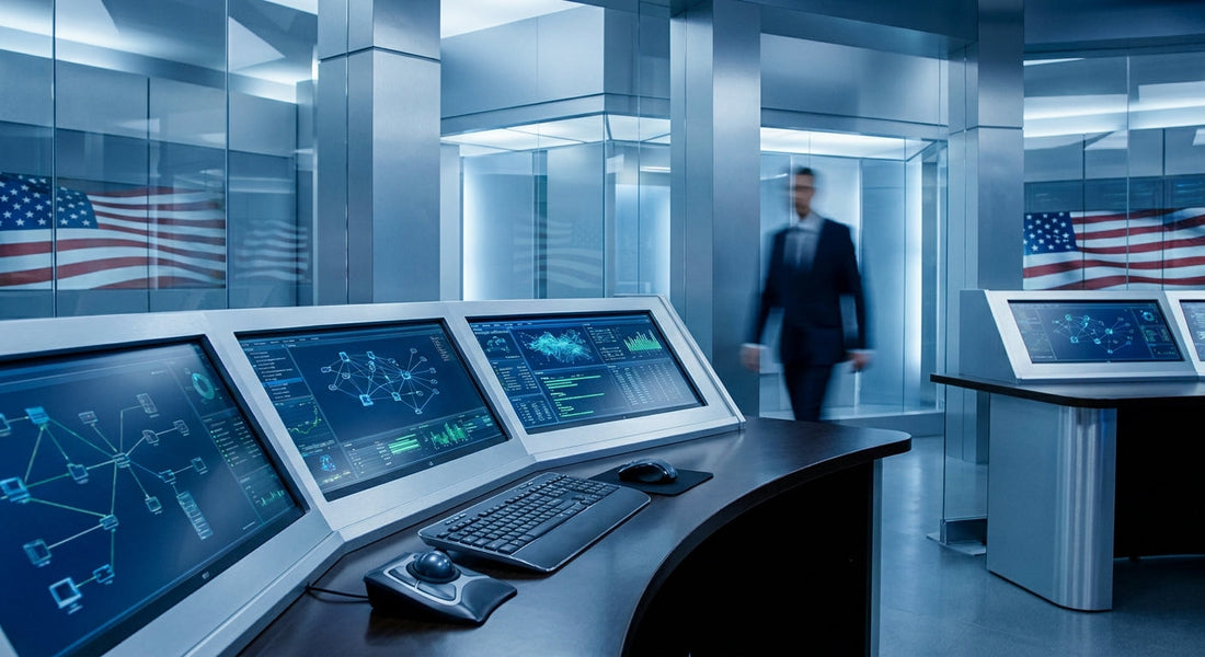 A modern government IT operations workstation with multiple monitors displaying network dashboards in a professional, blue-toned control room environment.