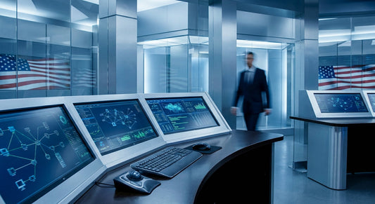 A modern government IT operations workstation with multiple monitors displaying network dashboards in a professional, blue-toned control room environment.