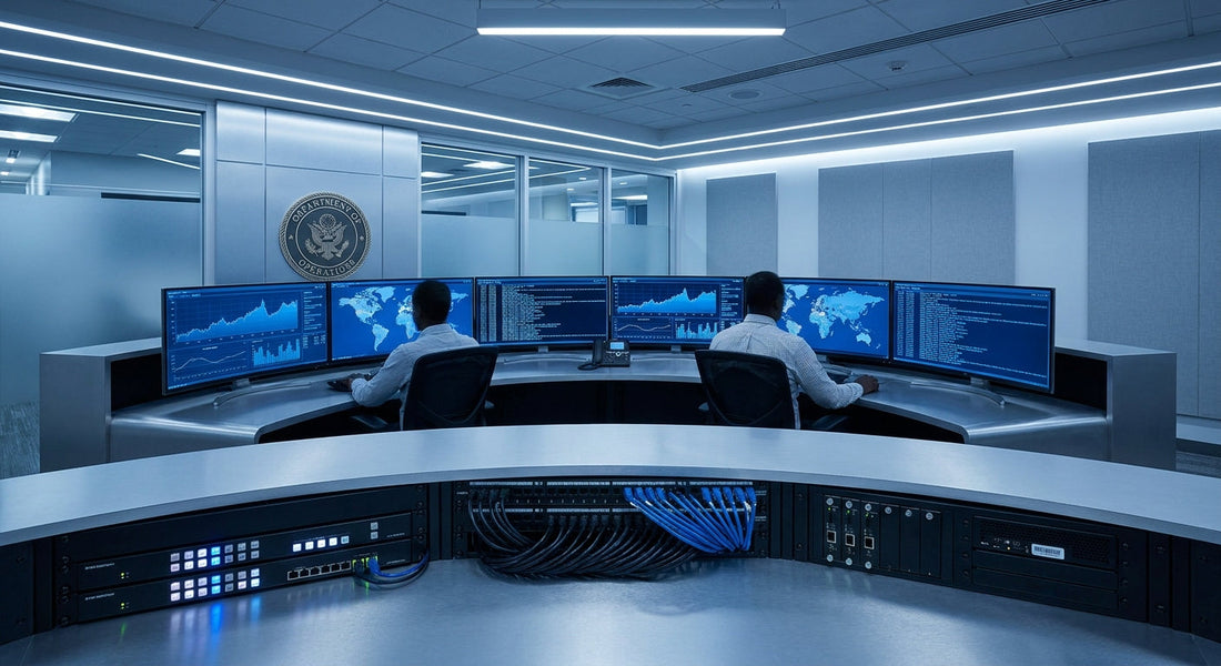 A modern government IT control room with multiple monitors displaying data dashboards and professional KVM hardware at a secure workstation.