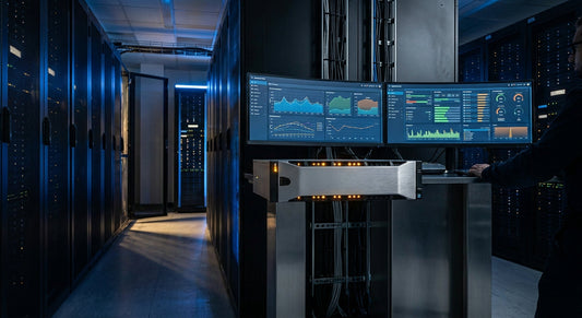 A rack-mounted hardware KVM switch in a professional enterprise server room with multiple monitors showing stable signal outputs and cool blue ambient lighting.