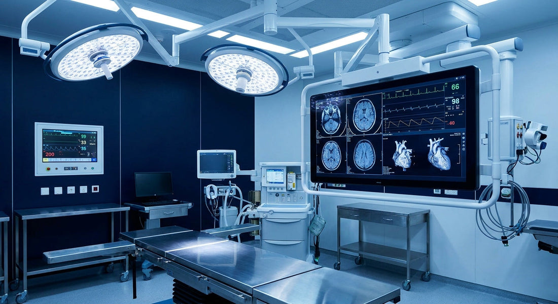 A clean, technology-equipped operating room with high-resolution medical displays glowing under surgical lighting, reflecting the integration of advanced IT signal infrastructure in a clinical environment.