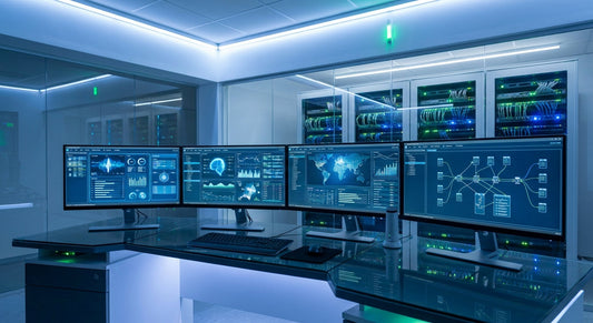 A professional multi-monitor healthcare IT workstation with clinical displays, rack-mounted hardware, and organized cable management in a clean, blue-lit environment.