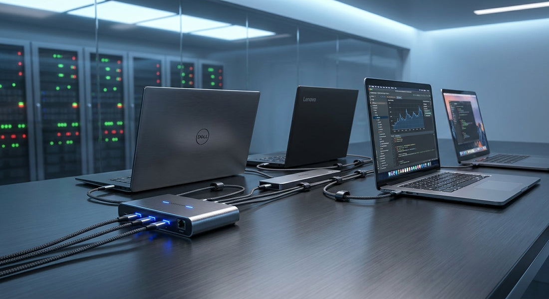 A professional enterprise IT workspace showing a KVM switch and docking station connected to multiple laptops with organized cabling under cool blue lighting.