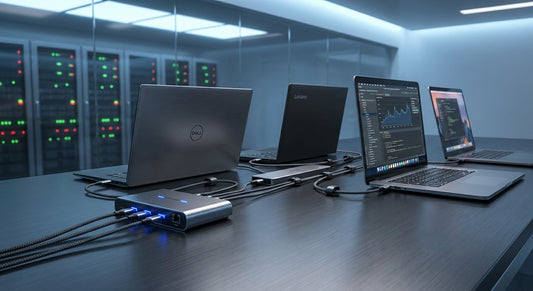 A professional enterprise IT workspace showing a KVM switch and docking station connected to multiple laptops with organized cabling under cool blue lighting.