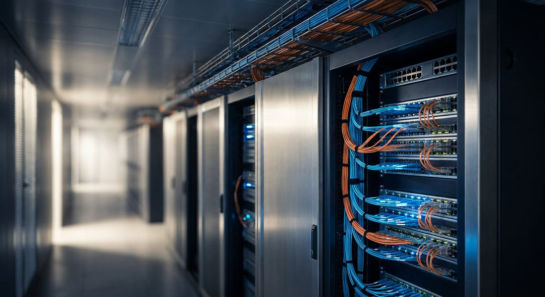 A professional data center corridor with illuminated server racks and organized fiber optic and copper cable runs overhead, shot in dramatic side-lighting.