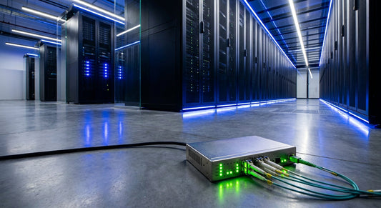 A modern server room with illuminated rack-mounted servers and an active KVM switch in the foreground, representing stable and continuous IT infrastructure.