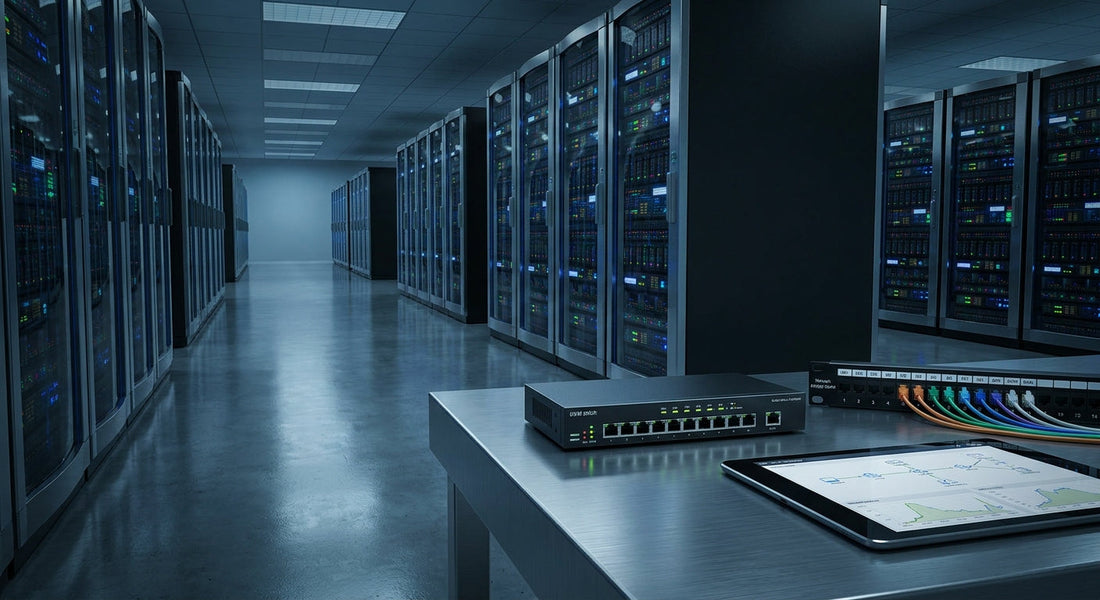 A modern data center corridor with illuminated server racks in the background and a KVM switch with network hardware in the foreground, lit dramatically in cool blue and gray tones.
