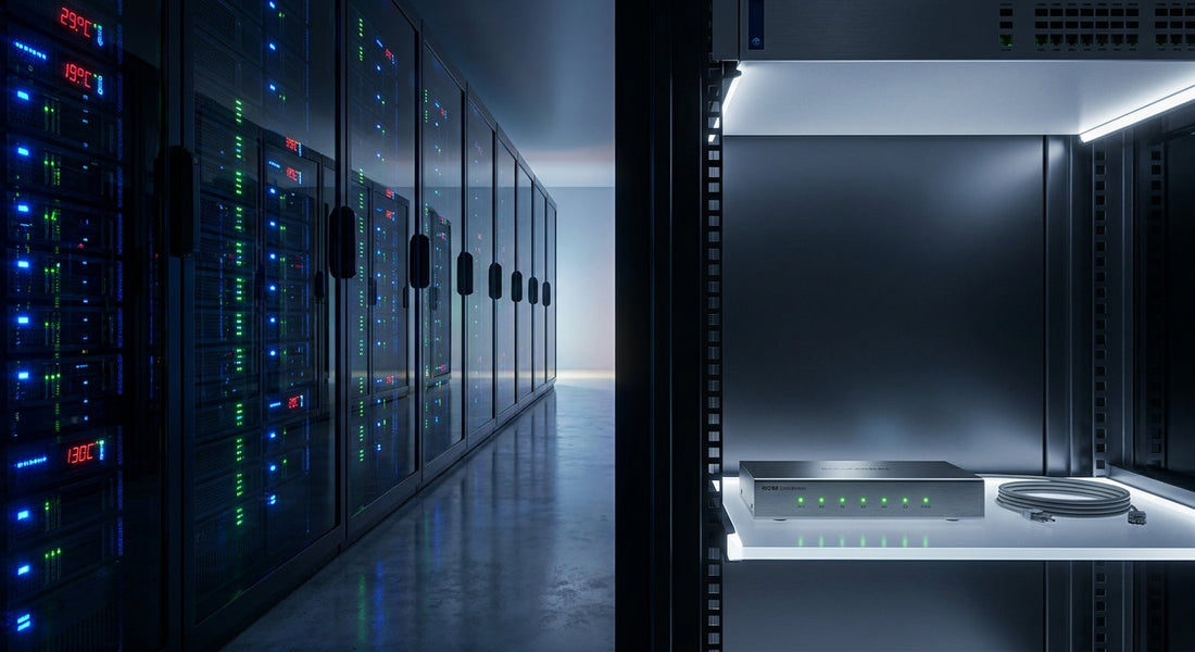 A modern data center corridor with glowing server racks and a KVM switch in the foreground, illuminated in cool blue and green tones suggesting energy efficiency.