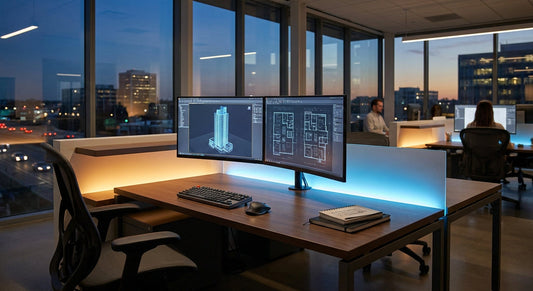 A modern AEC studio workspace with dual monitors displaying 3D building models and blueprints, illuminated by cool blue and warm amber lighting with a city skyline visible through large windows.