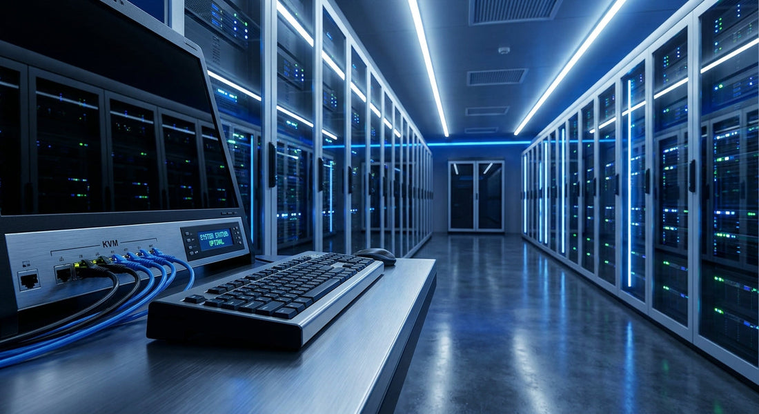 A modern data center corridor lined with glowing server racks, with professional KVM hardware in the foreground under cool blue lighting.