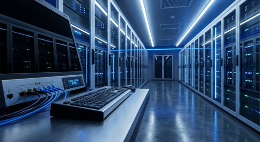 A modern data center corridor lined with glowing server racks, with professional KVM hardware in the foreground under cool blue lighting.