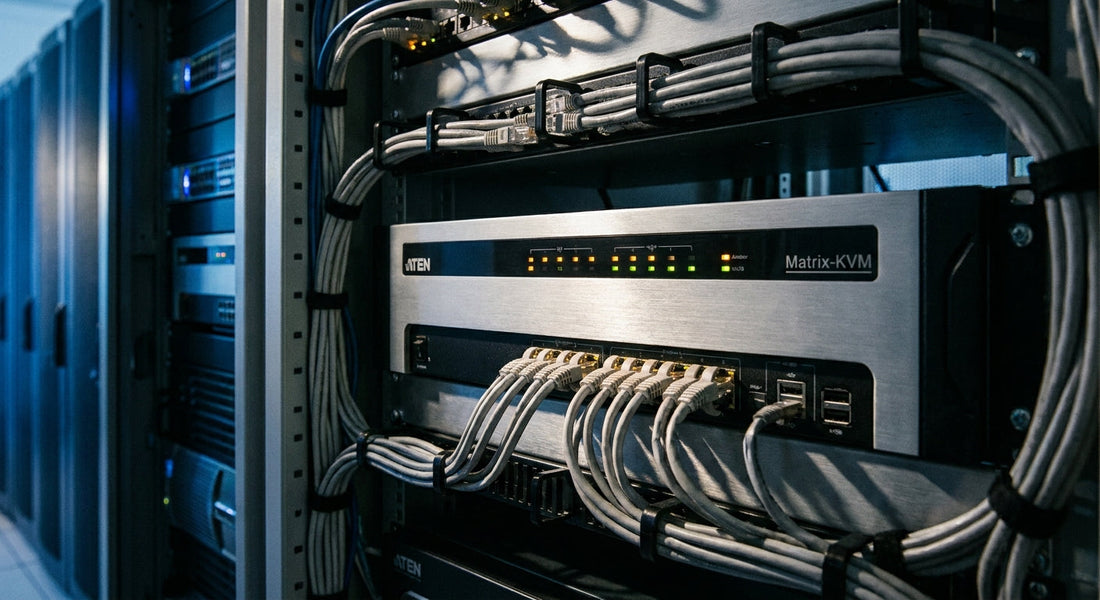 A professional KVM switch unit in a server rack environment with organized cables and glowing indicator LEDs against a blurred data center background.