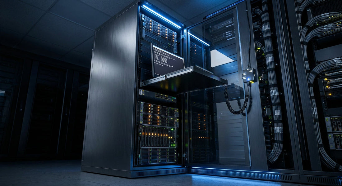 A stable KVM switch-connected monitor displaying a console interface glows steadily inside a dimly lit professional data center server room, surrounded by racks of blinking indicator lights.