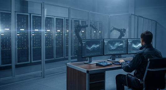A modern robotics lab with illuminated server racks, robotic arms in the background, and a multi-monitor workstation in the foreground displaying data visualizations under cool blue lighting.