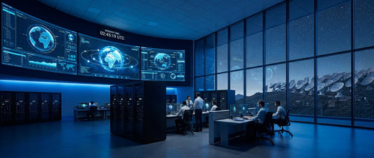 A high-tech satellite ground control room with multiple monitors displaying orbital data, professional workstations, rack-mounted hardware, and a satellite dish array visible through large windows at night.
