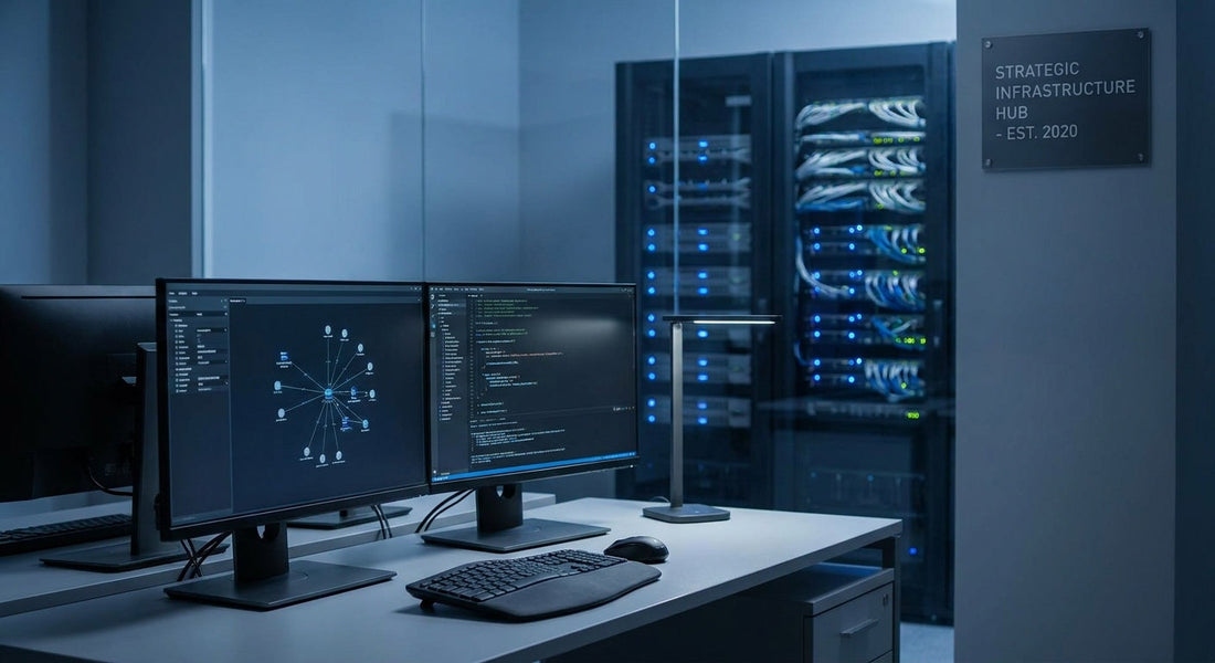 Enterprise IT workstation with multi-monitor setup and server rack equipment in a professional data center environment, conveying strategic hardware investment and infrastructure planning.