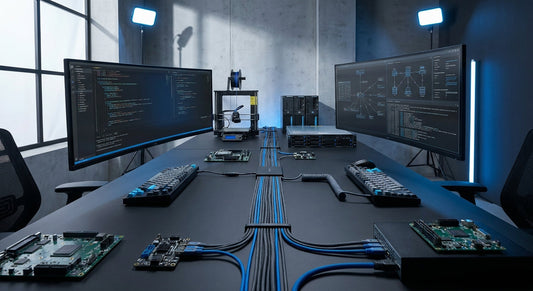 A clean, modern IT workstation with dual monitors and organized peripherals under cool blue studio lighting, conveying professional hardware connectivity and enterprise efficiency.