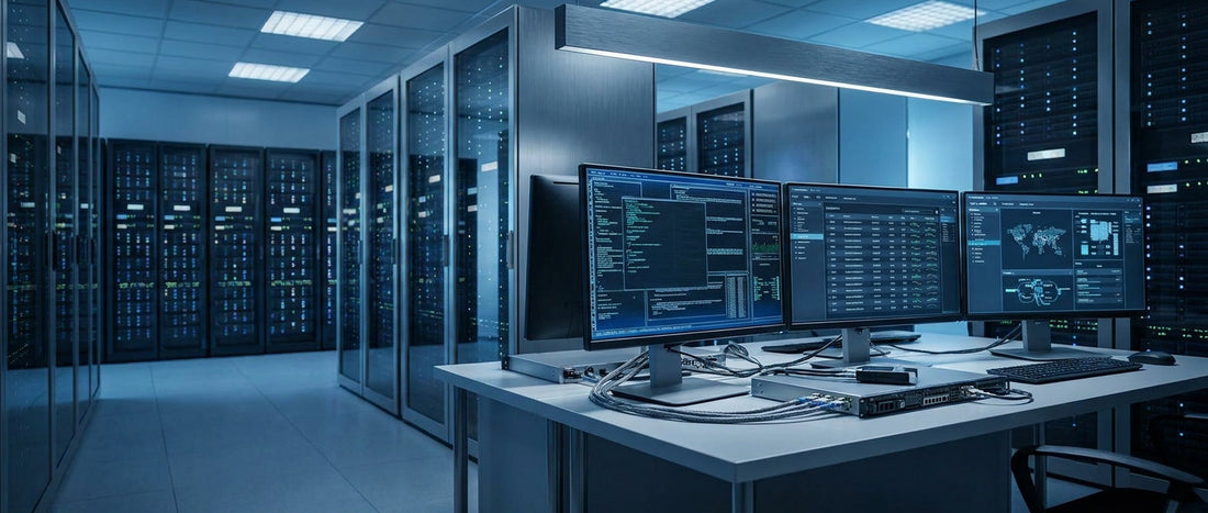 A well-organized enterprise IT environment featuring rack-mounted server equipment in the background and a multi-monitor workstation setup in the foreground, illuminated by cool blue professional lighting.