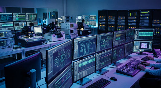 A high-tech semiconductor chip design lab at night with multiple monitors displaying circuit schematics, surrounded by server racks and precision instruments glowing in blue and purple ambient light.