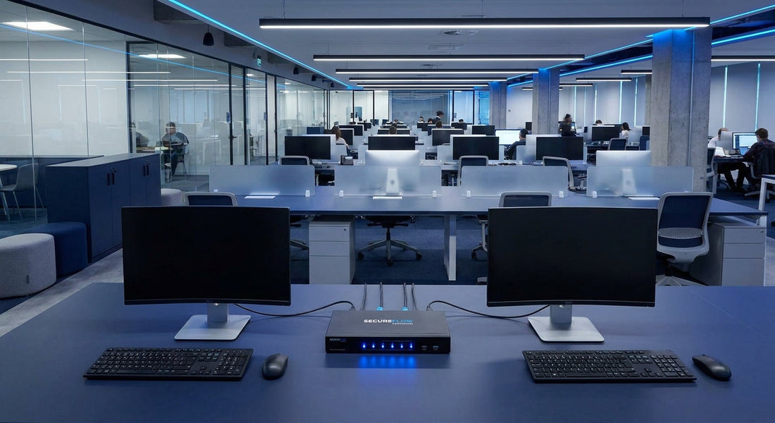 A modern co-working office with multiple workstations and a secure KVM switch device in the foreground separating two sets of peripherals under cool blue-toned professional lighting.
