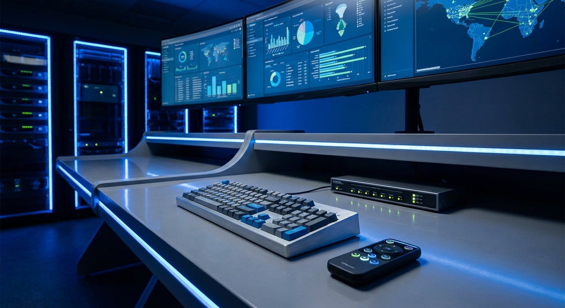 A professional IT workstation with multiple monitors, a mechanical keyboard, KVM switch, and remote control arranged on a clean desk in a cool-toned control room environment.