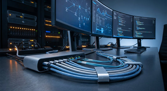 A professional IT workstation featuring a KVM switch connected to multiple monitors via USB-C and USB4 cables, bathed in cool blue and amber lighting on a dark desk surface.