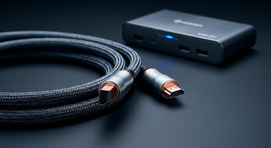A video cable coiled on a dark surface with a KVM switch glowing softly in the background, highlighting signal quality and cable infrastructure.