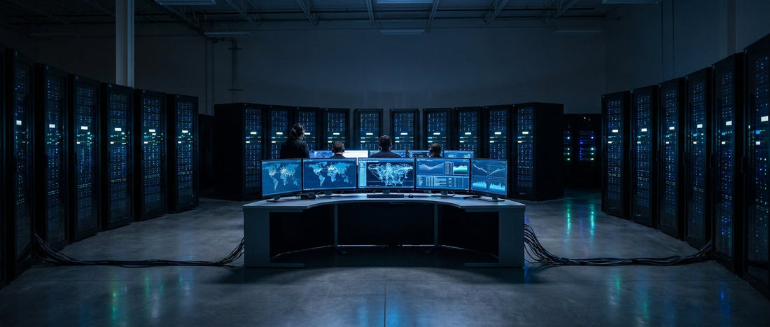 A network operations center interior with glowing server racks and multiple monitors displaying network dashboards in cool blue light.