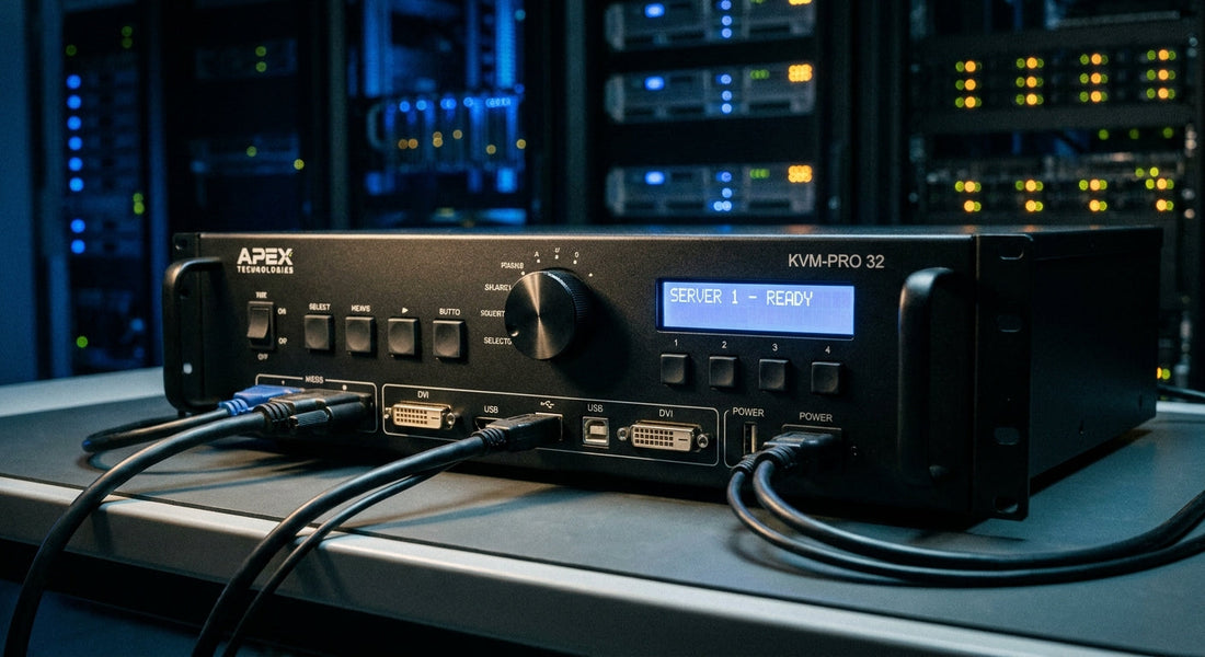 A professional-grade physical KVM switch in sharp focus on a data center workbench, with enterprise server racks glowing softly in the background.