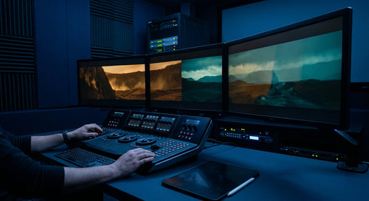 A professional post-production color grading workstation with multiple high-resolution monitors glowing in a darkened studio environment.