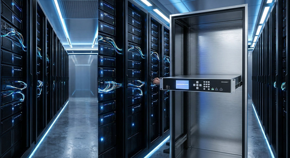 A modern enterprise data center with rows of illuminated server racks and a rackmount KVM switch integrated into the foreground rack.