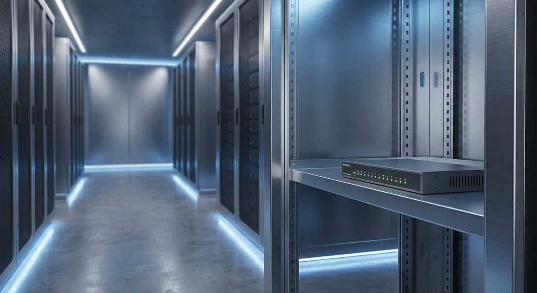 A premium KVM switch mounted in a modern data center rack corridor illuminated by cool blue lighting, symbolizing reliable enterprise IT infrastructure investment.