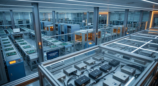 Aerial view of a modern Taiwan electronics manufacturing facility with precision-assembled KVM hardware components on clean, well-lit assembly lines.