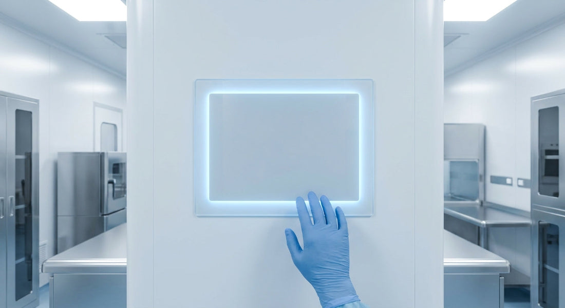 A gloved hand hovering over a sleek touch screen panel mounted on a sterile cleanroom wall under cool, diffused industrial lighting.