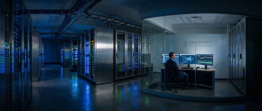 A university IT professional manages multiple monitors and rack-mounted server equipment in a modern, dimly lit network operations center.