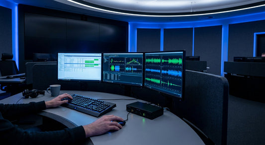 A professional mission-critical control room workstation with multiple illuminated monitors, organized peripherals, and a KVM switch in a dark, blue-toned environment.