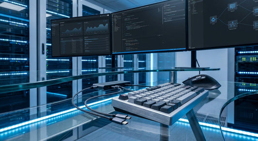 A professional IT workstation with a keyboard and mouse connected to multiple active monitors in a cool-toned, modern corporate environment.