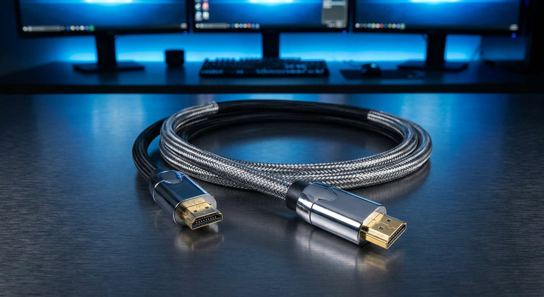 A premium high-speed video cable with braided shielding and metal connectors in the foreground, with glowing monitors softly blurred in the background.
